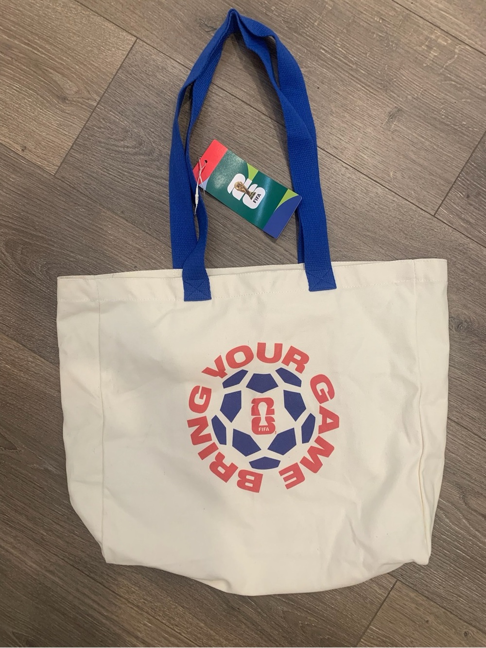 FIFA World Cup 2026 Soccer Football Canvas Tote Bag White Red Blue NWT